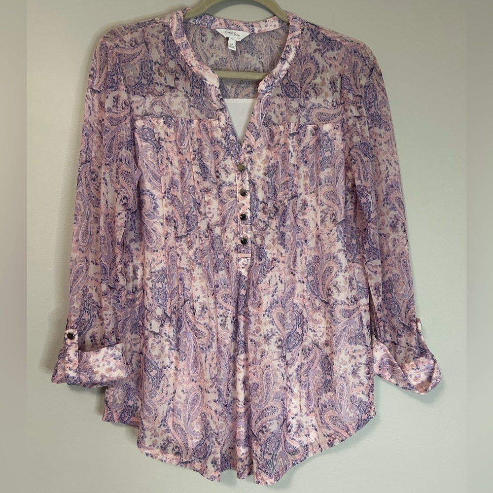 Coral Bay Purple and Pink Blouse with Mandarin Collar, Size M - Picture 1 of 7
